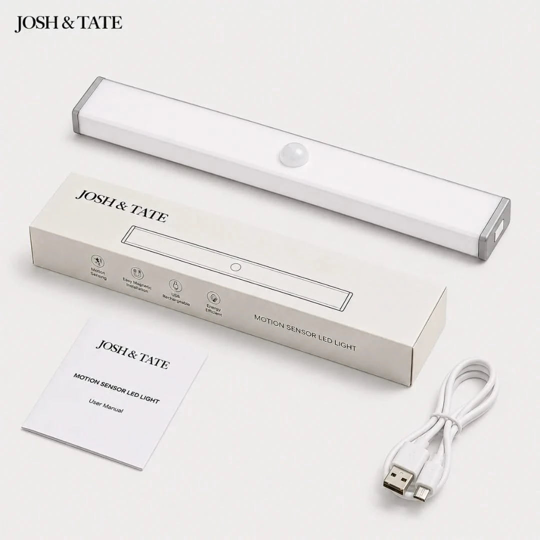 Josh & Tate motion sensor LED light with packaging and USB cable on a white background
