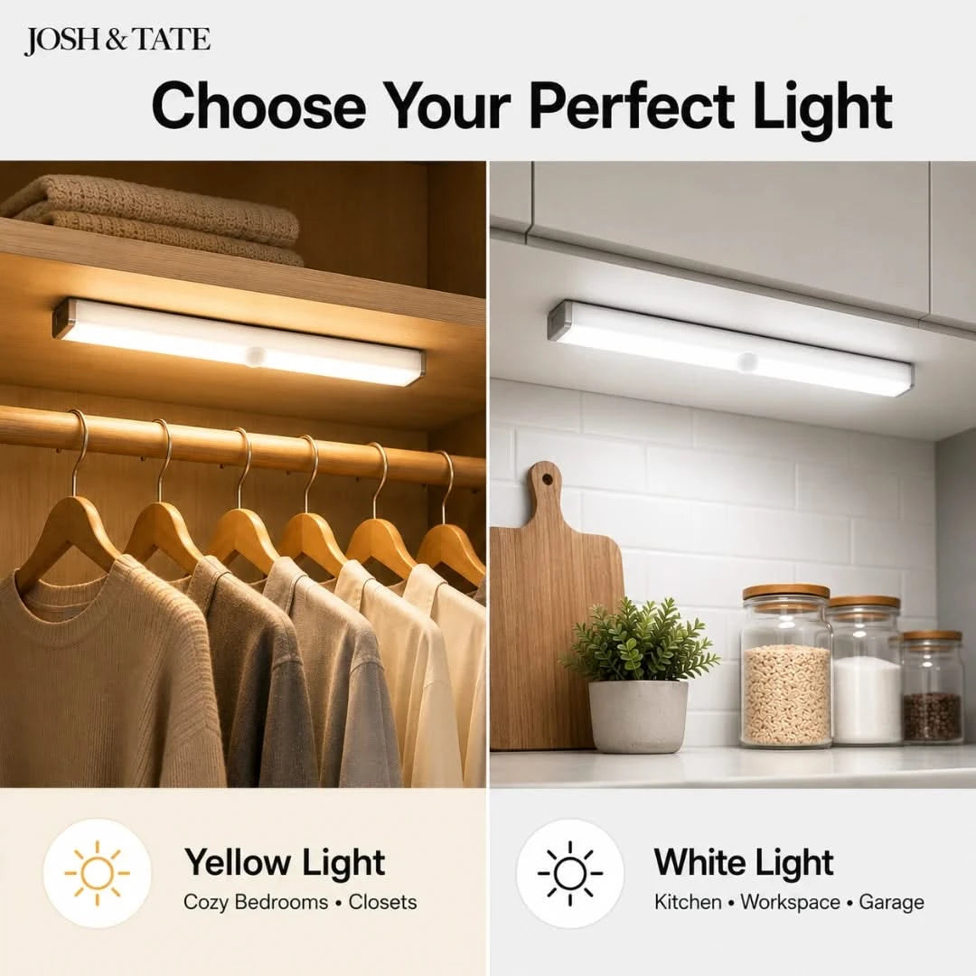Josh & Tate - MagBar™ Motion-Sensing LED Light - Two different uses of a LED strip light: under a cabinet and on hangers, with labels for yellow and white light types.