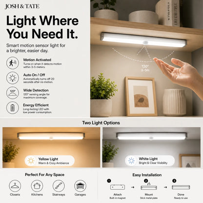 Josh & Tate - MagBar™ Motion-Sensing LED Light - Smart motion sensor light with installation instructions and features on a white background