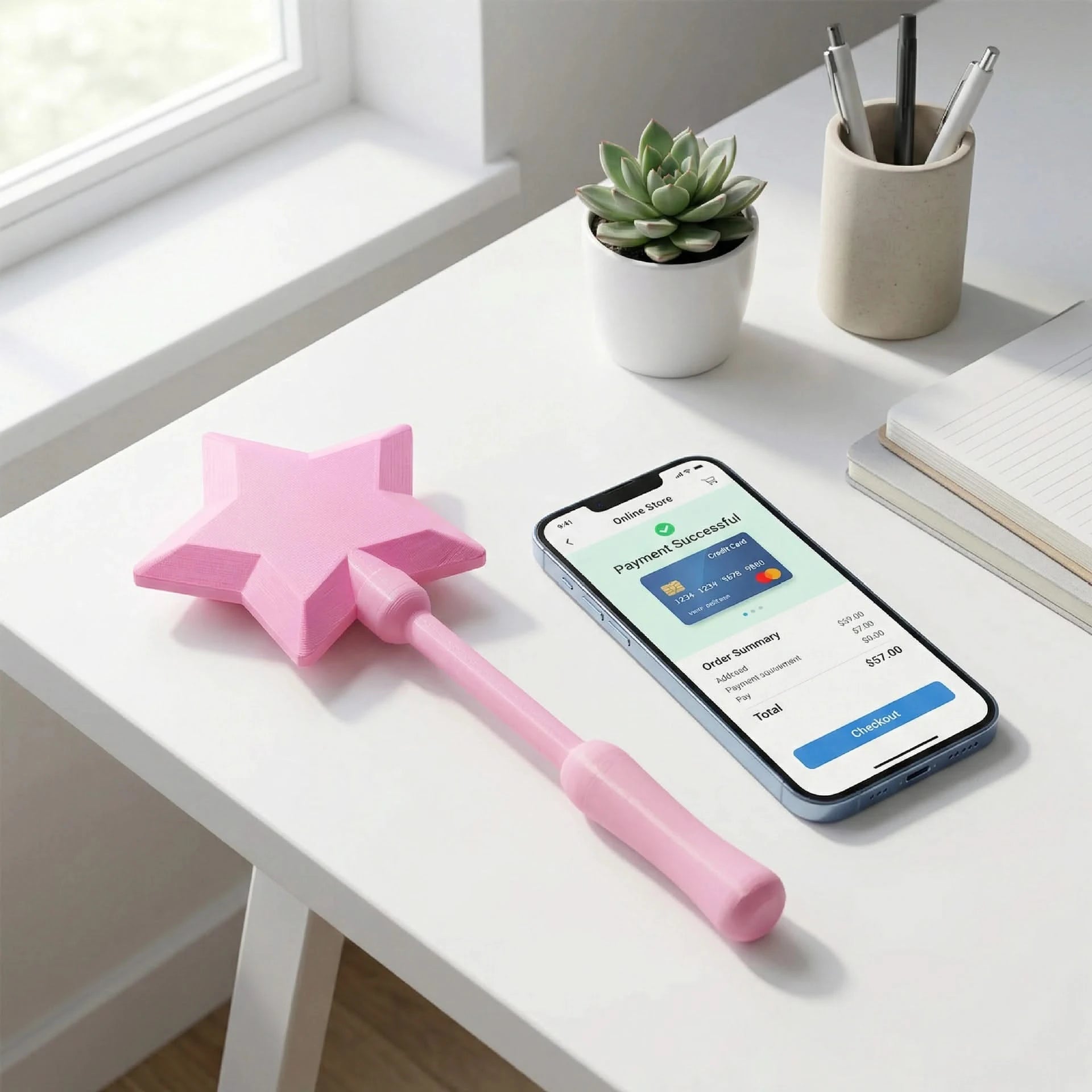 Josh & Tate - Magic Wand Cardholder - Pink star-shaped object on a desk with a smartphone displaying a payment success screen.