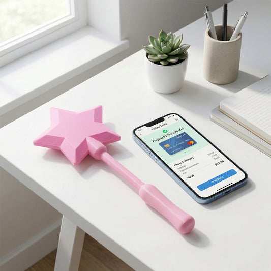 Josh & Tate - Magic Wand Cardholder - Pink star-shaped object on a desk with a smartphone displaying a payment success screen.