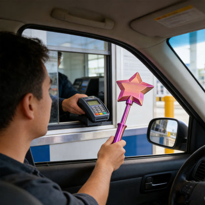 Josh & Tate - Magic Wand Cardholder - Person inside a car holding a pink star-shaped object, interacting with a cashier at a drive-through window.