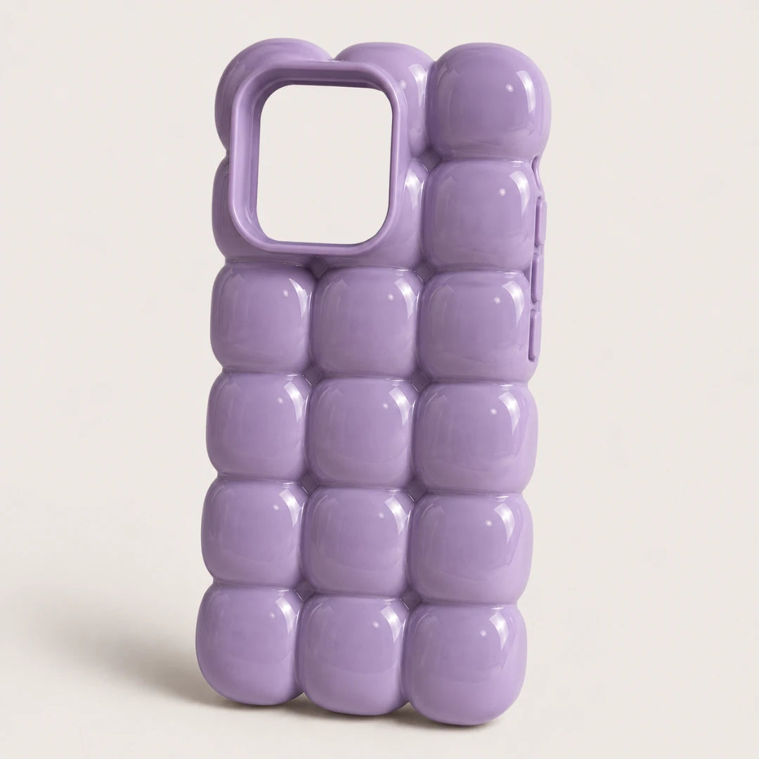 Josh & Tate - MarshBubble™ Puffy iPhone Case - A lavender purple phone case with a glossy, bubble-textured design, shown on a light beige background.