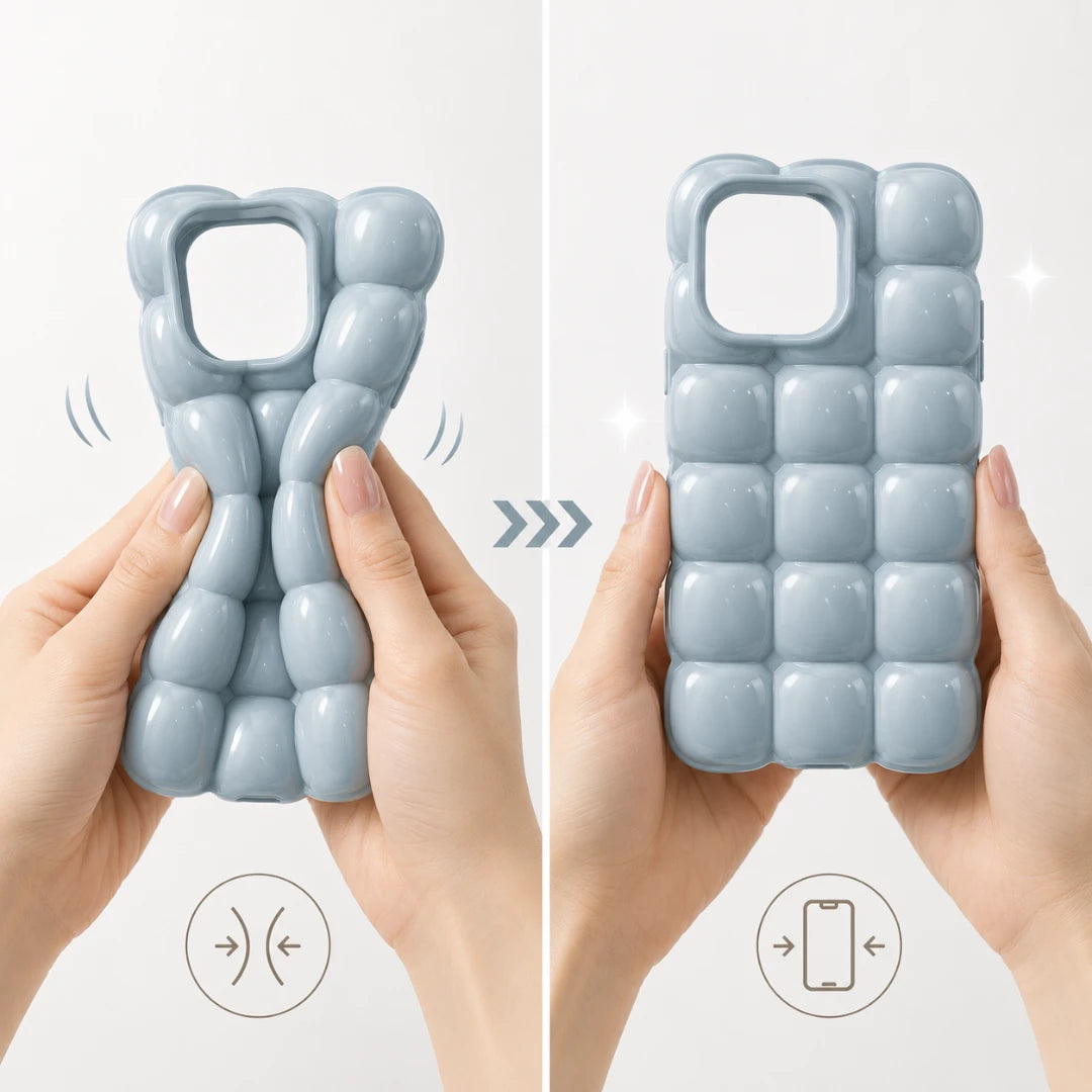 Josh & Tate - MarshBubble™ Puffy iPhone Case - A light blue bubble-texture phone case shown in a split comparison: on the left, hands squeeze the case to demonstrate flexibility; on the right, the case is held upright to show its protective back. Simple diagram icons appear below each hand.