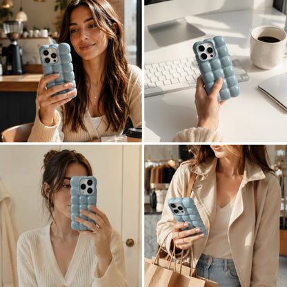 Josh & Tate - MarshBubble™ Puffy iPhone Case - A four-panel collage showing a woman holding a light blue textured phone case in different indoor settings. The top-left panel shows her smiling while holding the case, the top-right panel shows the case on a white desk near a keyboard and coffee cup, the bottom-left panel shows a mirror selfie with the case visible, and the bottom-right panel shows her walking while carrying the case over her shoulder.