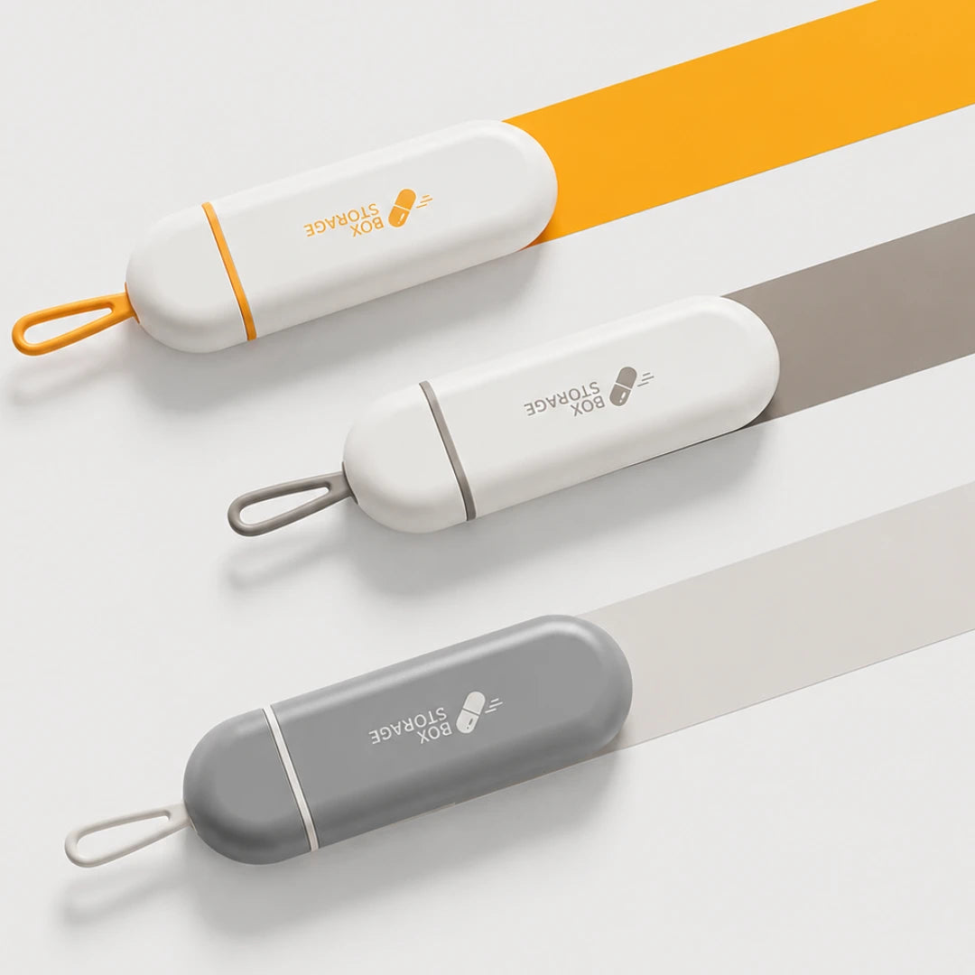 Josh & Tate - MedicineStorage™ Portable Pill Organizer - Three portable cylindrical storage devices from MAX STORAGE are arranged diagonally on a white background with colored bands behind them. The top device is white with an orange loop and orange accents, the middle is white with a gray loop and gray accents, and the bottom is gray with a white loop and white accents.