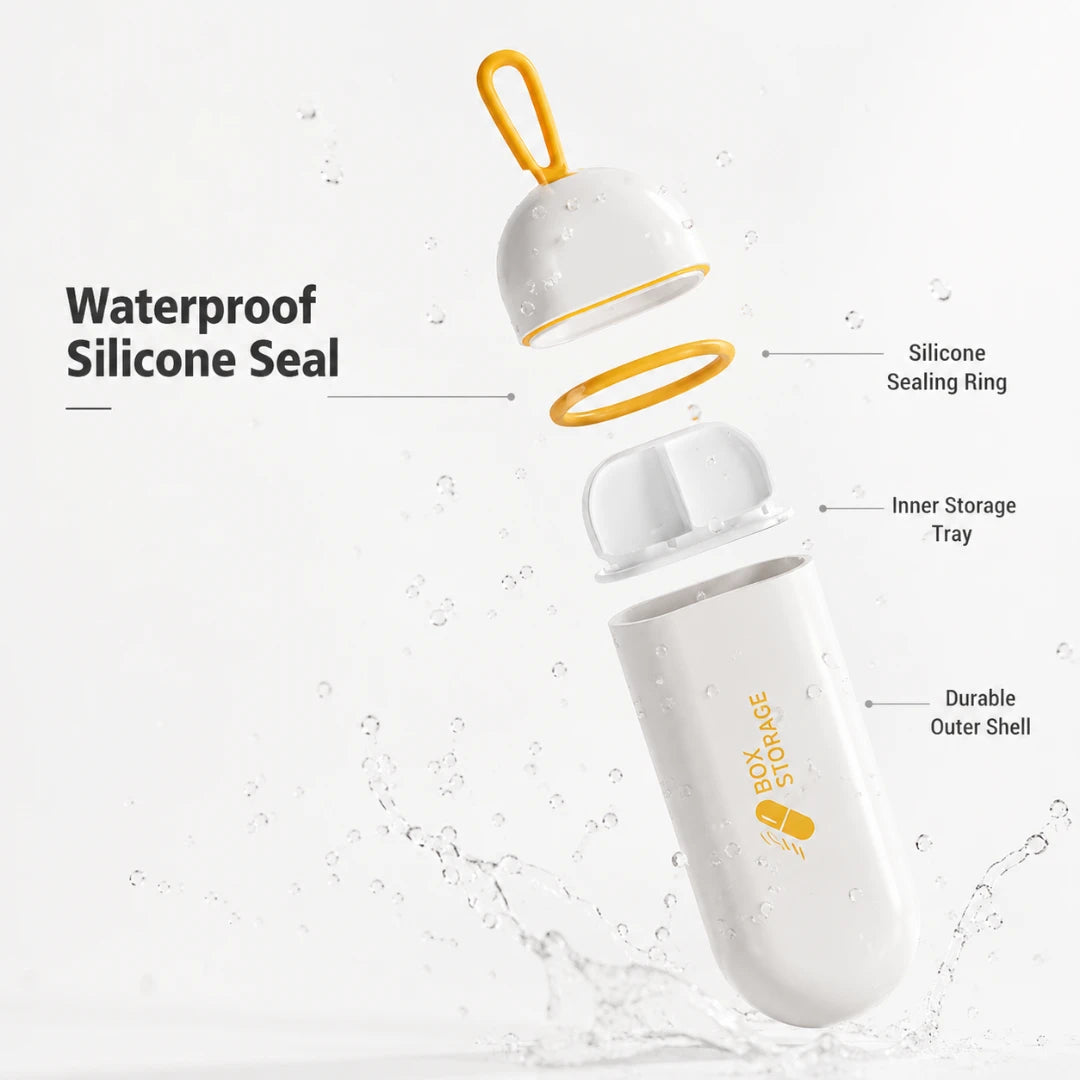 Josh & Tate - MedicineStorage™ Portable Pill Organizer - A white portable storage bottle with yellow accents is shown floating with its cap removed, labeled with callouts for waterproof silicone seal, silicone sealing ring, inner storage tray, and durable outer shell.