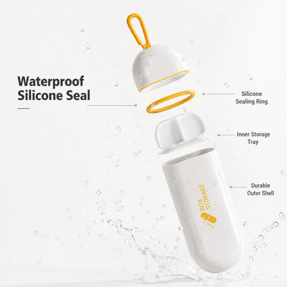 Josh & Tate - MedicineStorage™ Portable Pill Organizer - A white portable storage bottle with yellow accents is shown floating with its cap removed, labeled with callouts for waterproof silicone seal, silicone sealing ring, inner storage tray, and durable outer shell.