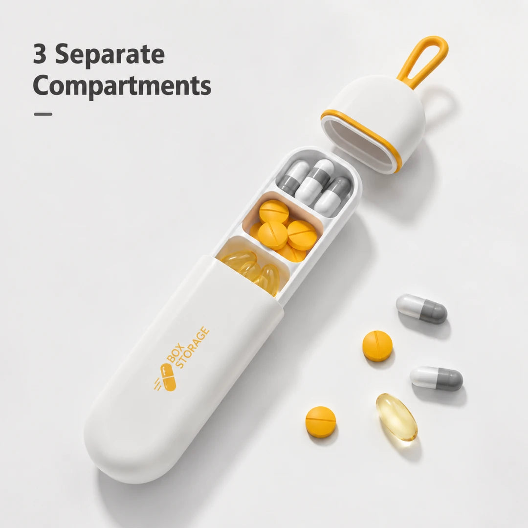 Josh & Tate - MedicineStorage™ Portable Pill Organizer - A white pill organizer case with a yellow loop handle, shown open with three compartments containing capsules and yellow tablets. The text '3 Separate Compartments' appears in the upper left, and a few loose capsules and tablets are scattered on the right.