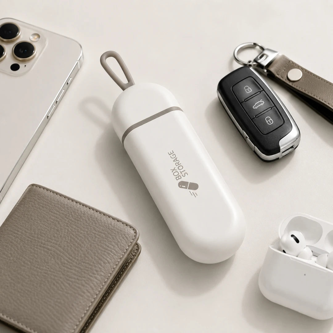 Josh & Tate - MedicineStorage™ Portable Pill Organizer - A white cylindrical personal storage box with a loop at the top, shown on a light neutral surface with a smartphone, car key fob, wallet, and earbud case nearby. The box has a printed logo and the words 'PERSONAL STORAGE'.