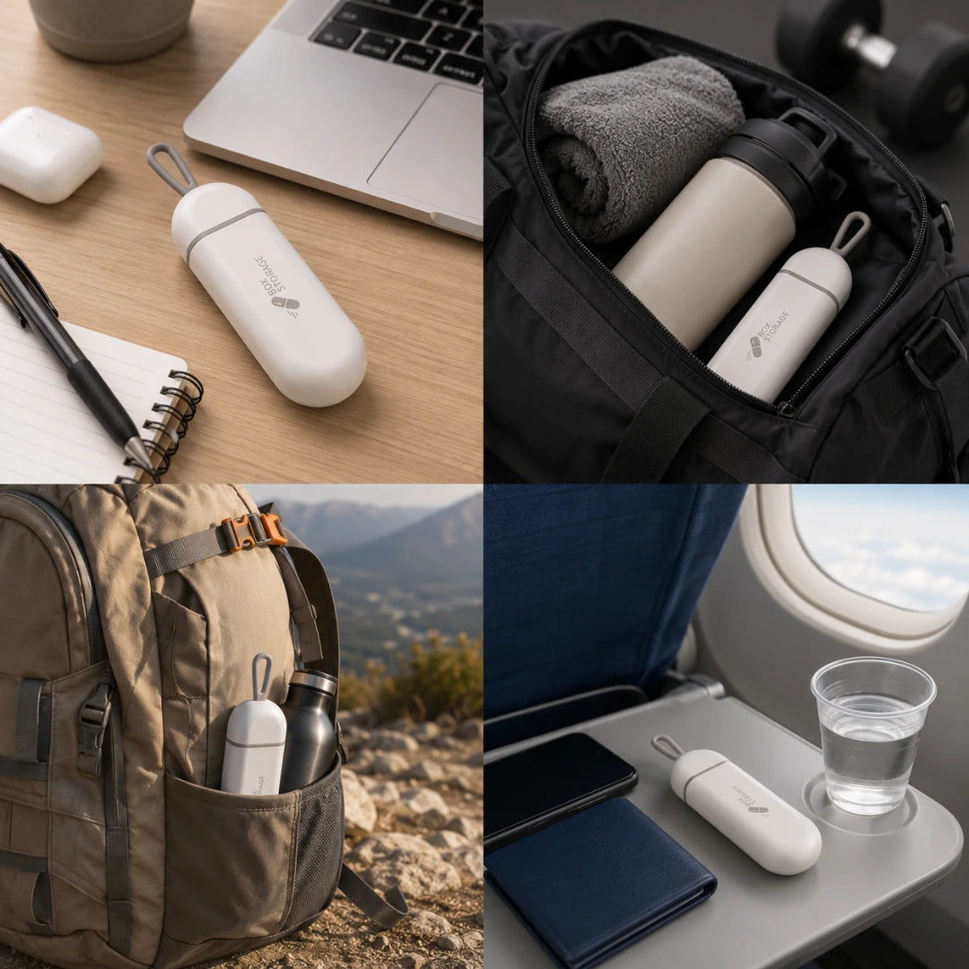 Josh & Tate - MedicineStorage™ Portable Pill Organizer - A collage showing a small white oval personal item, likely a travel sanitizer or accessory case, in multiple real-world settings: on a desk with a laptop and notebook, inside a black backpack with bottles, in a brown hiking backpack, and on an airplane tray table near a window.