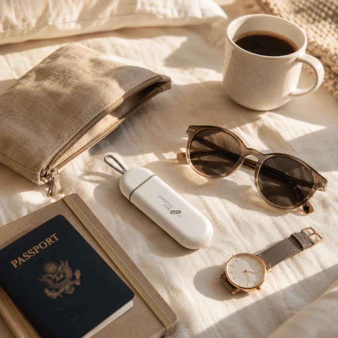 Josh & Tate - MedicineStorage™ Portable Pill Organizer - A styled flat-lay of travel accessories on a cream fabric background, including a beige zip pouch, a white handheld device, sunglasses, a passport, a watch, and a cup of coffee.