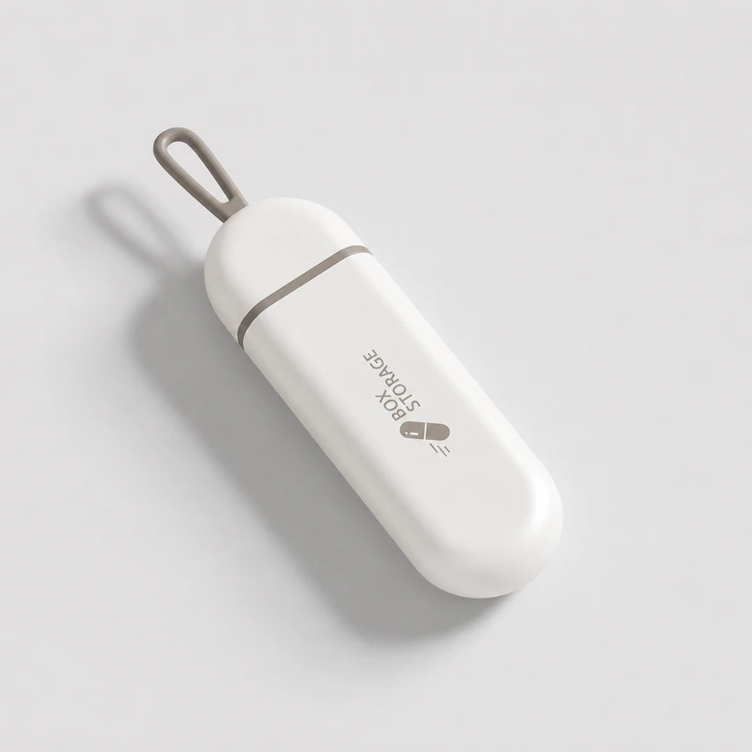 Josh & Tate - MedicineStorage™ Portable Pill Organizer - A white oval-shaped portable storage box with a gray loop handle and a gray band detail, featuring the 'BOX STORAGE' logo printed on the side, set against a light gray background.