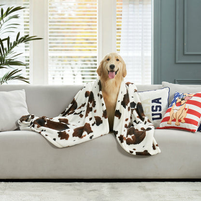 Dog sitting on a couch with a cow print blanket, surrounded by decorative pillows.