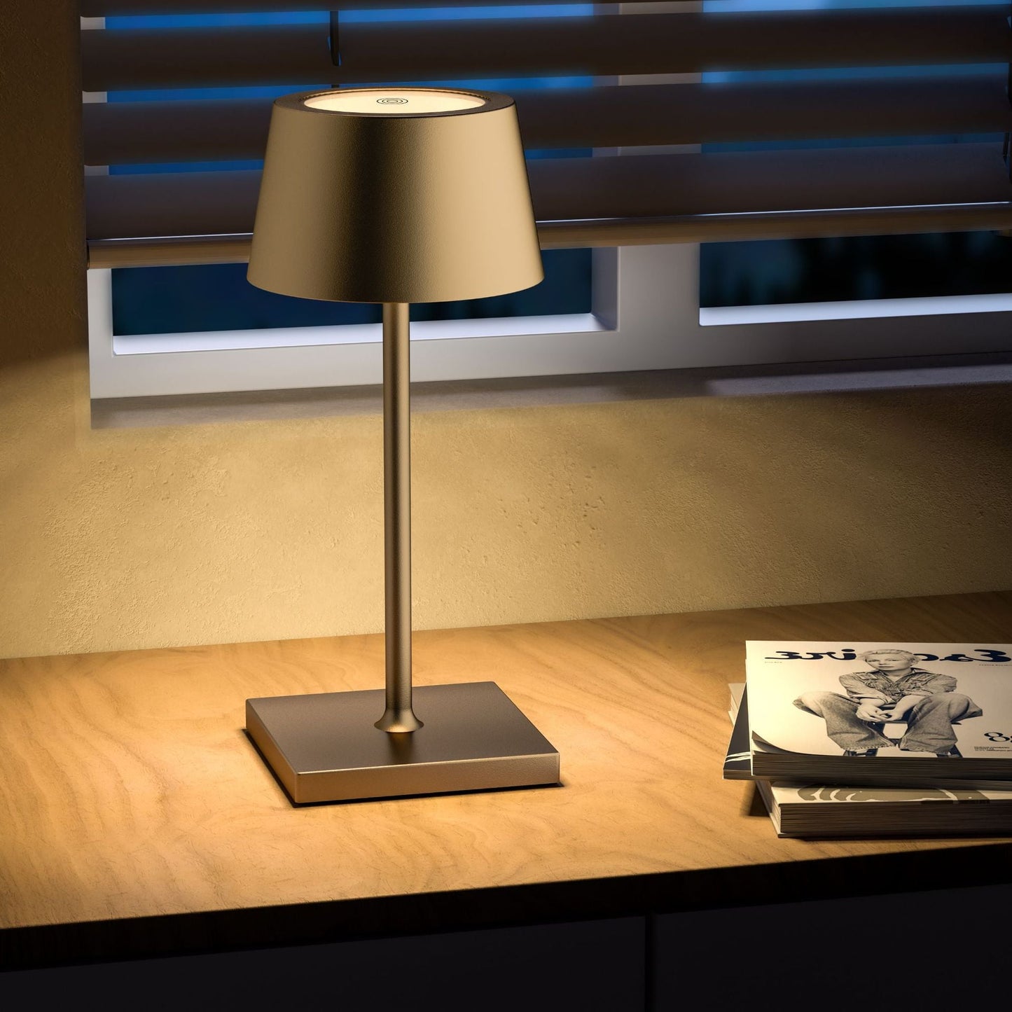 Table lamp on a wooden surface with a blurred background
