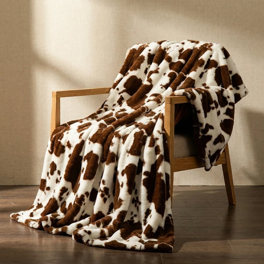 Josh & Tate MooWrap Cow Print Plush Blanket - coffee cow draped over armchair