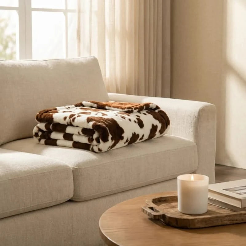 Josh & Tate MooWrap Cow Print Plush Blanket - folded on linen sofa in living room