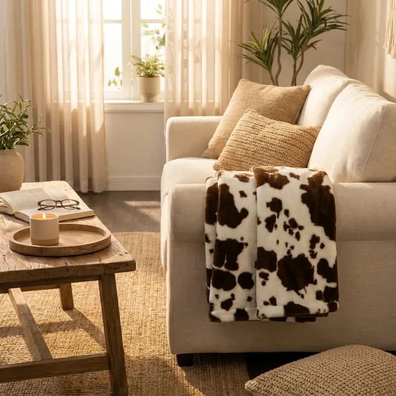 Josh & Tate MooWrap Cow Print Plush Blanket - folded on linen sofa in living room