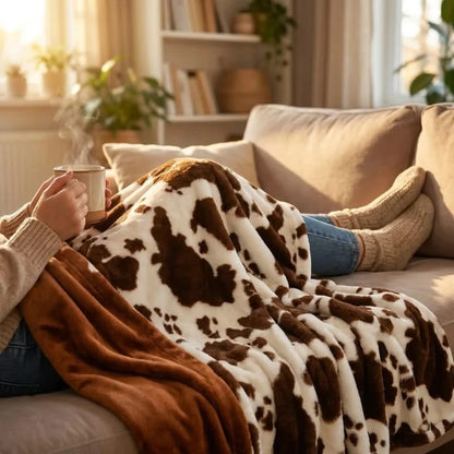 Josh & Tate MooWrap Cow Print Plush Blanket - person wrapped on couch with coffee