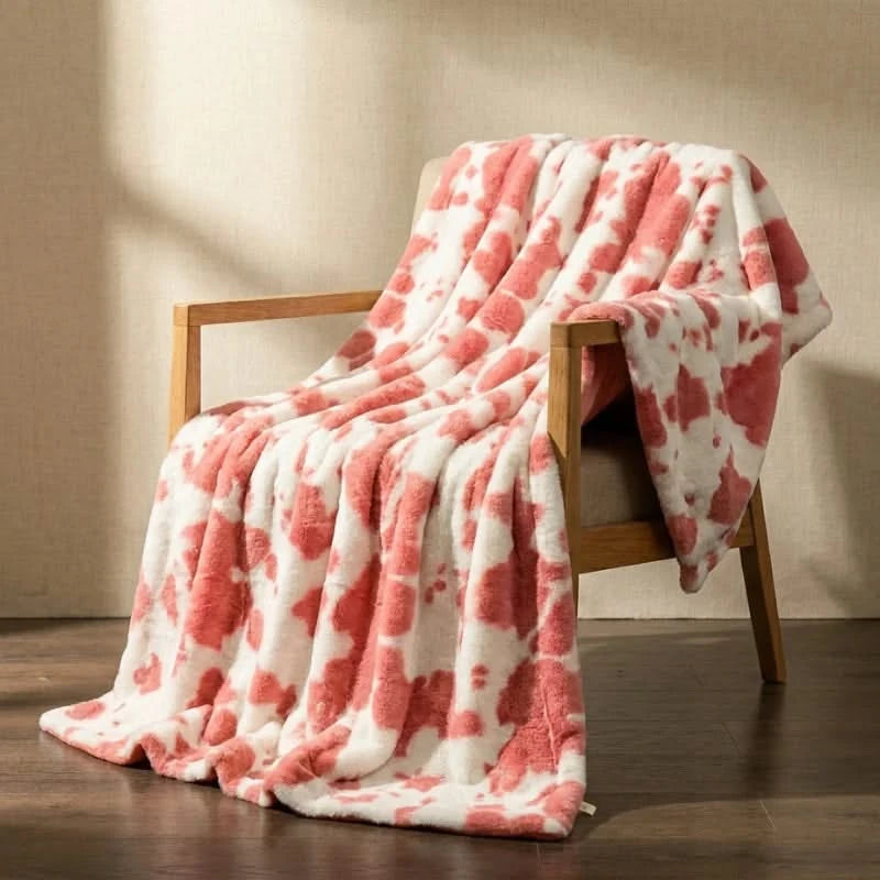 Josh & Tate MooWrap Cow Print Plush Blanket - pink cow draped over armchair