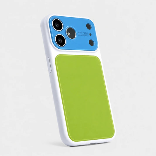 Josh & Tate - MoodBlock™ iPhone Case - A protective phone case with a white bumper frame, a bright blue camera module surround, and a large lime green back panel, shown on a light gray background.