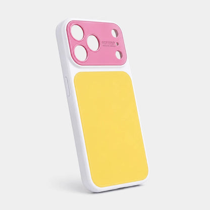 Josh & Tate - MoodBlock™ iPhone Case - A two-tone phone case with a large yellow back panel and a pink camera cutout section, shown on a light gray background.
