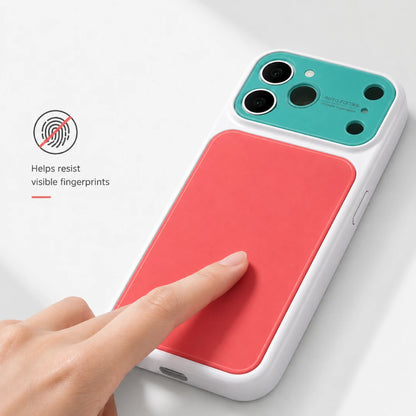 Josh & Tate - MoodBlock™ iPhone Case - A white phone case with a coral-pink fingerprint-resistant magnetic panel on the back and a teal camera cutout area, shown with a finger touching the panel. A small inset graphic on the left explains that the panel helps resist visible fingerprints.