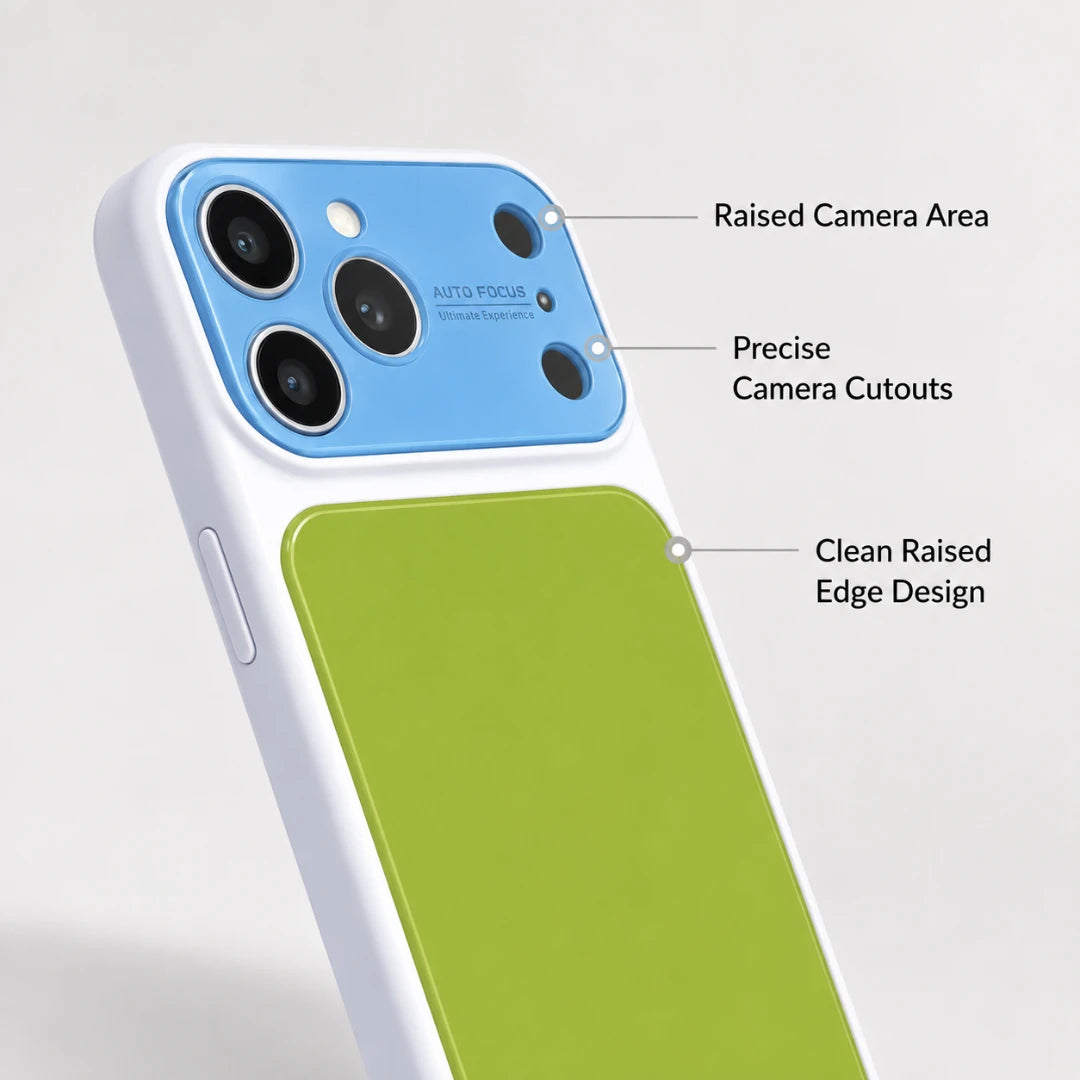 Josh & Tate - MoodBlock™ iPhone Case - A close-up of a phone case with a white outer frame, a bright blue raised camera area, and a large lime green back panel. Callout lines label the raised camera area, precise camera cutouts, and clean raised edge design.