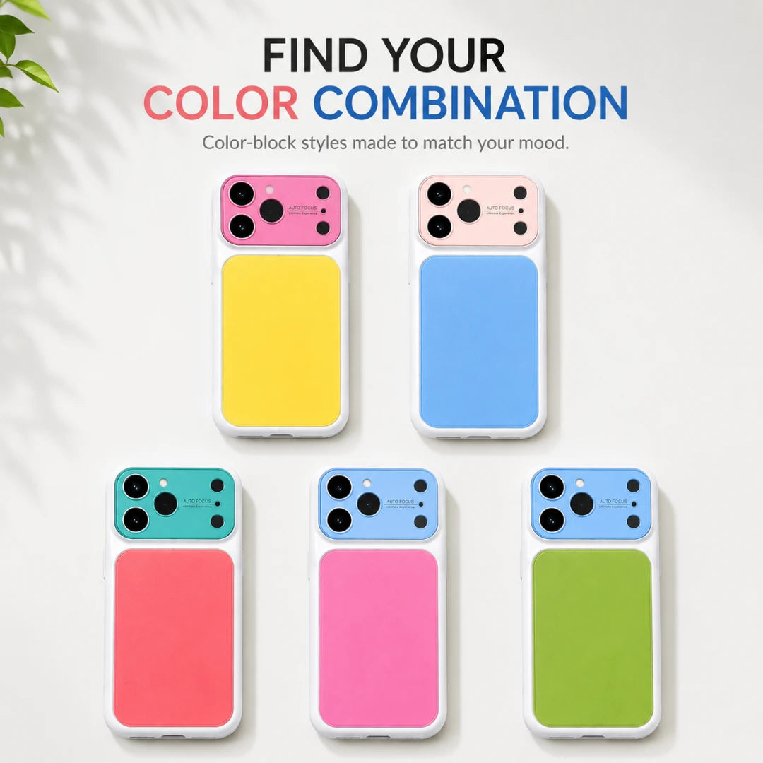 Josh & Tate - MoodBlock™ iPhone Case - Six color-block phone cases arranged on a light background under the text 'FIND YOUR COLOR COMBINATION.' The cases feature large solid panels in pink, yellow, blue, teal, coral, and green with white borders around the edges and camera cutouts.