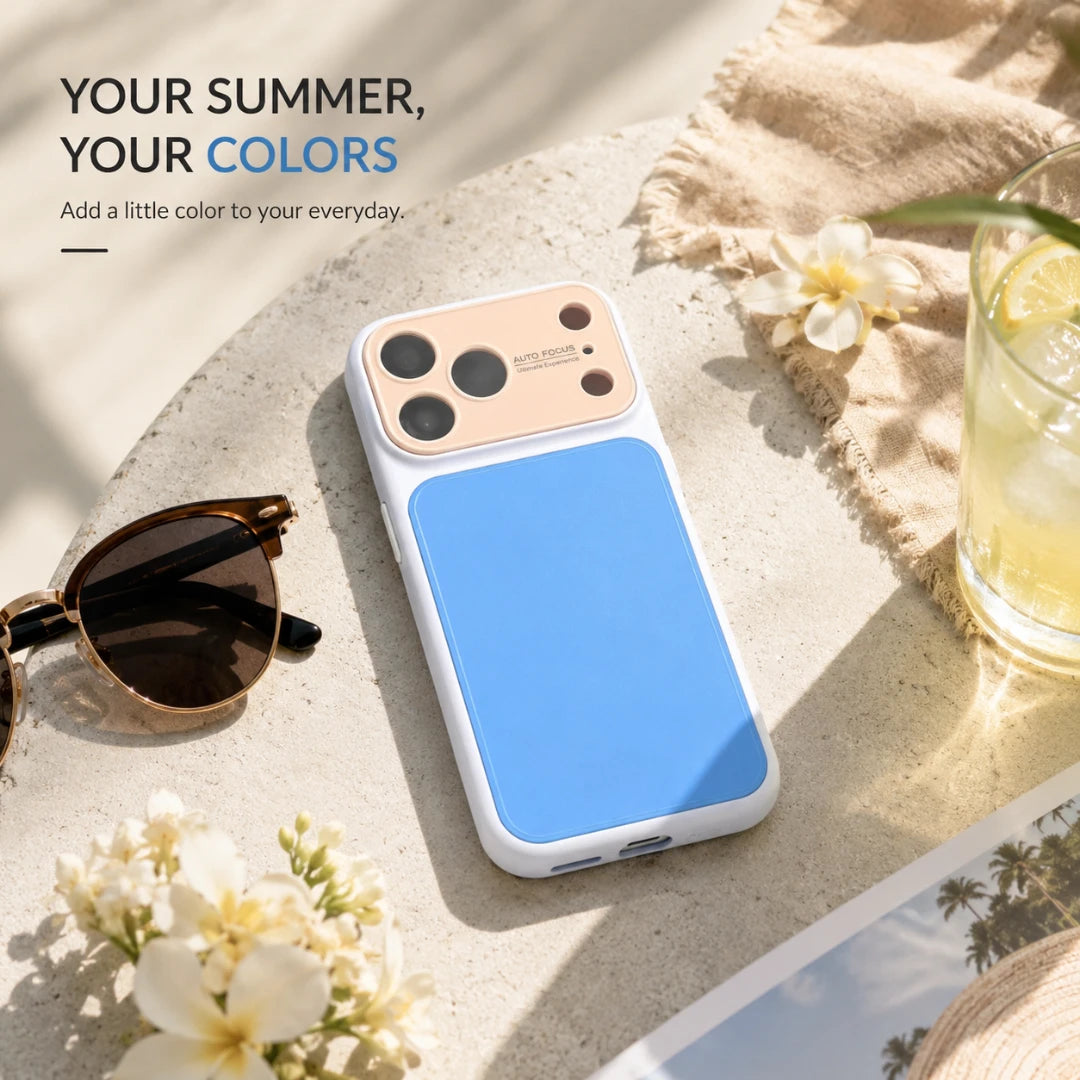 Josh & Tate - MoodBlock™ iPhone Case - A phone case with a large light blue back panel and a white bumper, shown on a styled outdoor table with sunglasses, flowers, a drink, and a beige cloth. Text in the upper left reads, 'YOUR SUMMER, YOUR COLORS.
