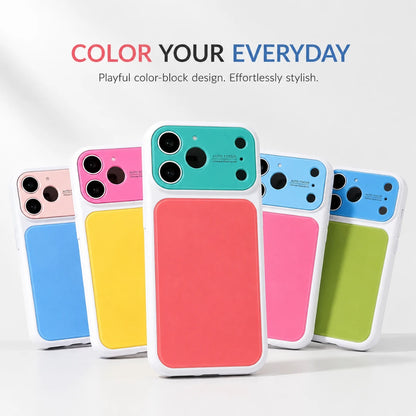 Josh & Tate - MoodBlock™ iPhone Case - Five smartphone cases arranged in a fan shape on a white background, each with a different solid color block design on the back: pink, yellow, coral-red, light blue, and green. The center case is coral-red and is most prominent.