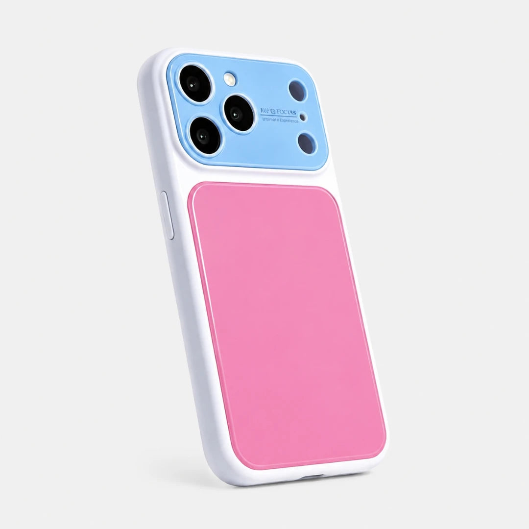 Josh & Tate - MoodBlock™ iPhone Case - A phone case with a white border, featuring a light blue camera section and a large pink magnetic storage panel on the back, shown on a light gray background.