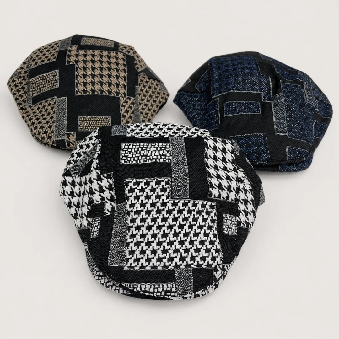 Josh & Tate - MosaicBrim™ Patchwork Flat Cap - Three flat cap newsboy caps with patchwork houndstooth and checkered patterns, displayed on a clean white background.