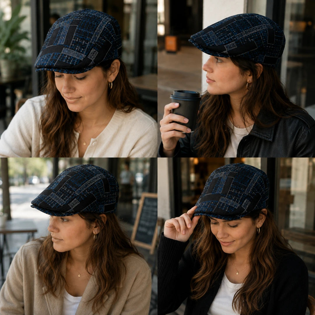 Josh & Tate - MosaicBrim™ Patchwork Flat Cap - A four-panel collage showing a woman wearing a dark navy and black patterned flat cap in an outdoor cafe setting. The panels show her looking down, holding a black coffee cup, looking to the side, and touching the brim of the cap.