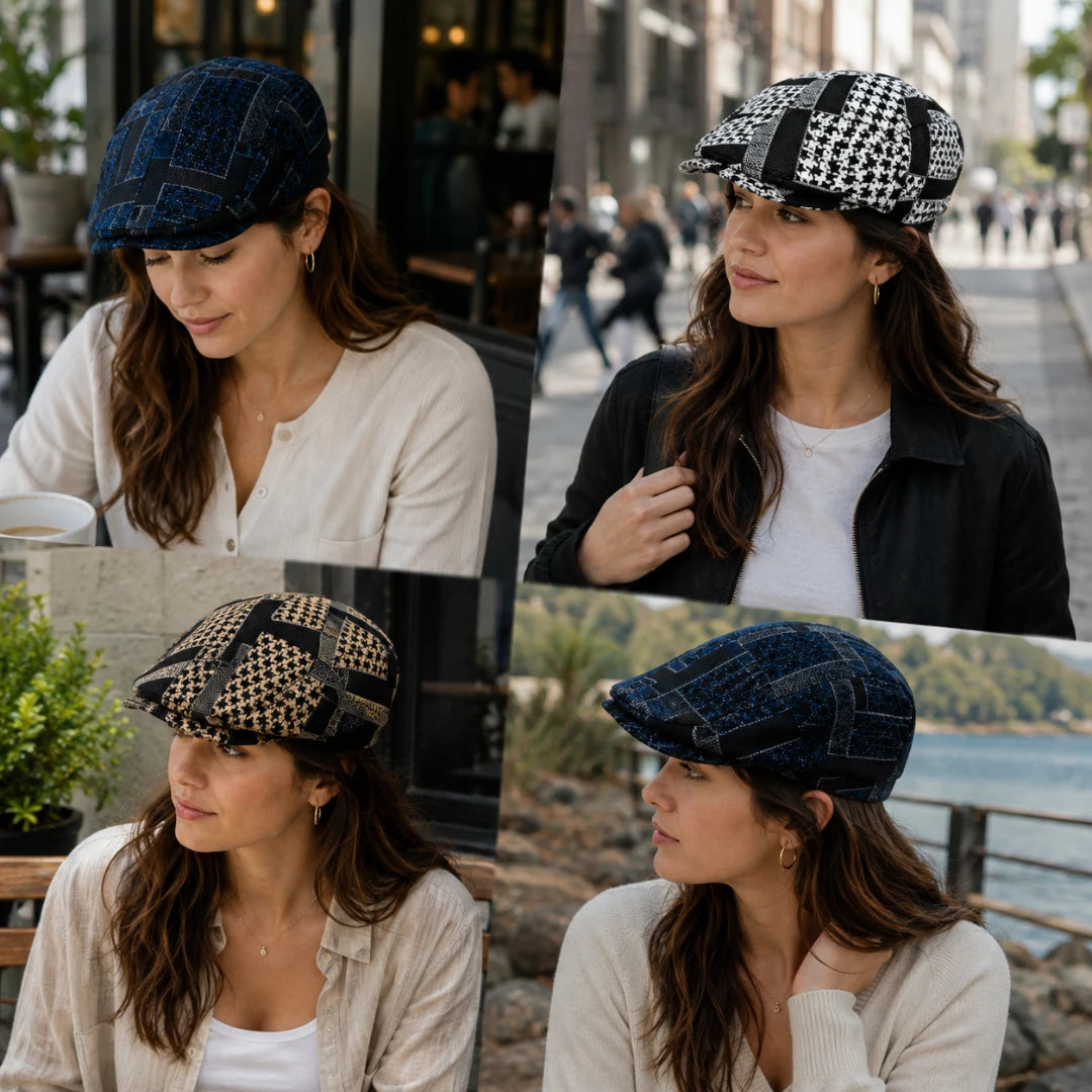 Josh & Tate - MosaicBrim™ Patchwork Flat Cap - A four-panel collage showing a woman wearing a structured flat cap in different settings. The cap has a woven geometric pattern in navy and beige, and in some panels it appears black and beige.