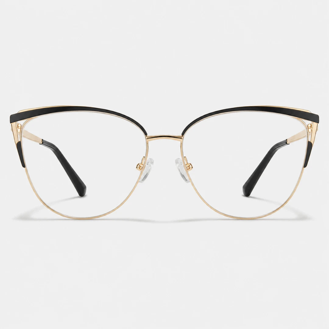 Josh & Tate - MuseCat™ Minimalist Cat-Eye Glasses - A pair of semi-rimless cat-eye eyeglasses featuring a gold metal frame, black upper brow bar, and black temple tips, shown against a light gray background.