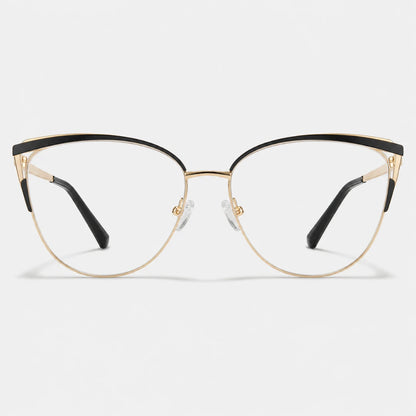 Josh & Tate - MuseCat™ Minimalist Cat-Eye Glasses - A pair of semi-rimless cat-eye eyeglasses featuring a gold metal frame, black upper brow bar, and black temple tips, shown against a light gray background.