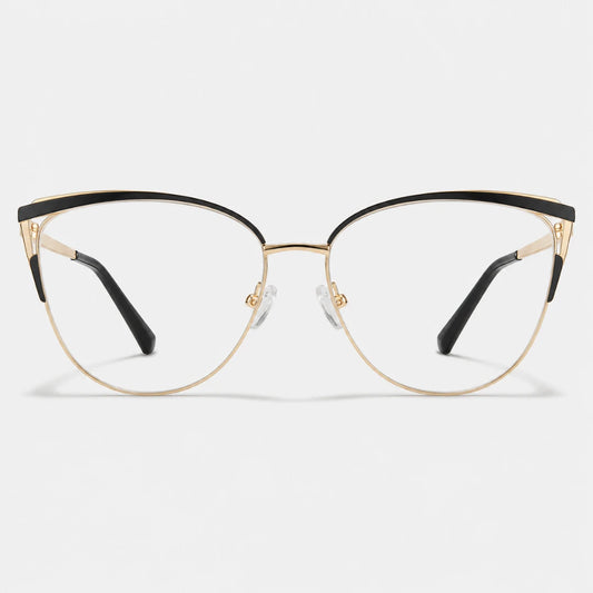 Josh & Tate - MuseCat™ Minimalist Cat-Eye Glasses - A pair of semi-rimless cat-eye eyeglasses featuring a gold metal frame, black upper brow bar, and black temple tips, shown against a light gray background.