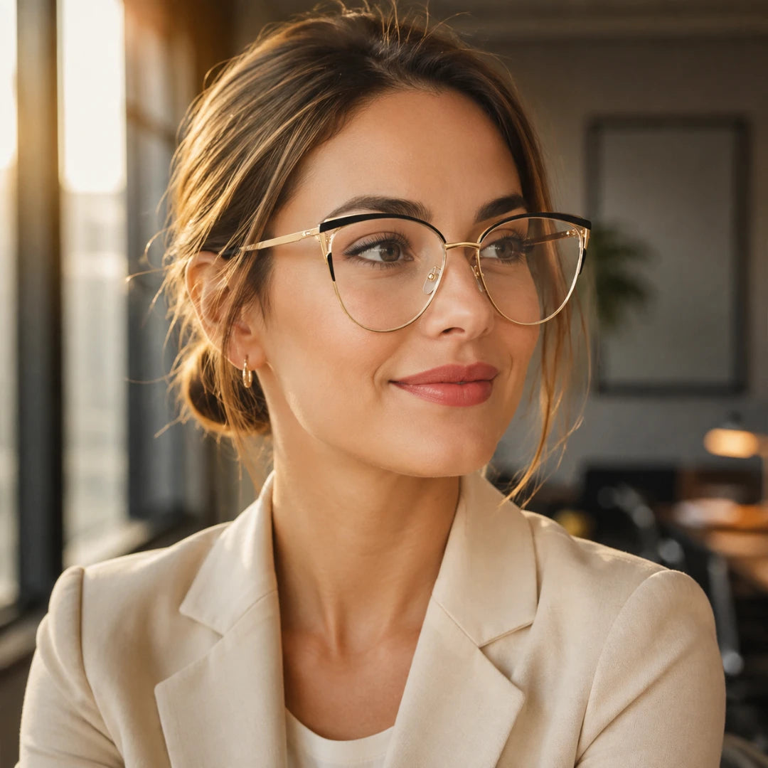 Josh & Tate - MuseCat™ Minimalist Cat-Eye Glasses - A woman with her hair in a low bun wearing round metal-framed eyeglasses with a gold-toned front and black temples, paired with a beige blazer. She is photographed in a warm, sunlit indoor setting with a blurred office background.