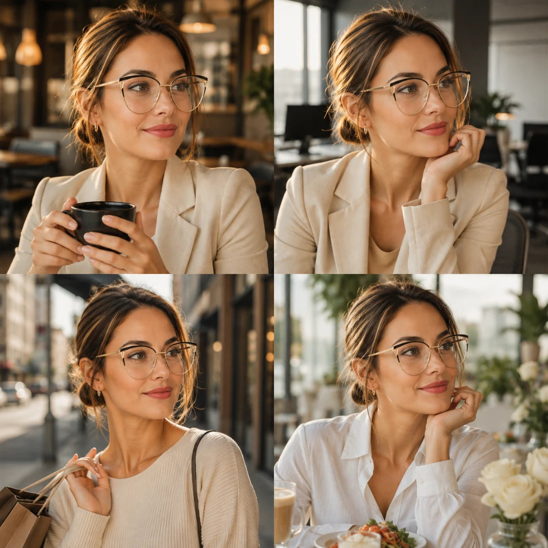 Josh & Tate - MuseCat™ Minimalist Cat-Eye Glasses - A four-panel collage showing a woman wearing thin round metal eyeglasses in different indoor settings. She is dressed in light beige and white blouses, holding a cup and carrying a shopping bag, with bright, warm lighting and soft-focus background details.