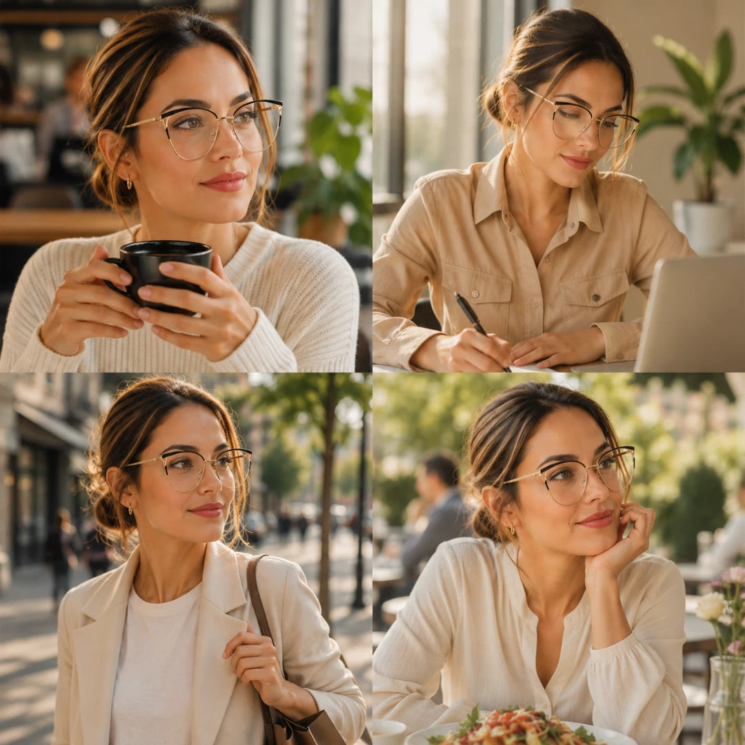 Josh & Tate - MuseCat™ Minimalist Cat-Eye Glasses - A four-panel collage showing a woman in different settings wearing round metal-framed eyeglasses. The scenes include her holding a black mug, working at a laptop, walking outdoors, and resting at a table with food.