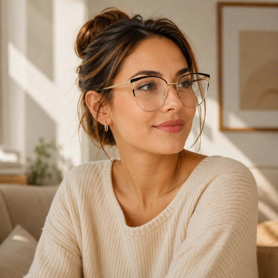 Josh & Tate - MuseCat™ Minimalist Cat-Eye Glasses - A woman with her hair in a bun wearing thin gold-rimmed eyeglasses and a cream ribbed knit sweater, sitting in a brightly lit, modern living room.