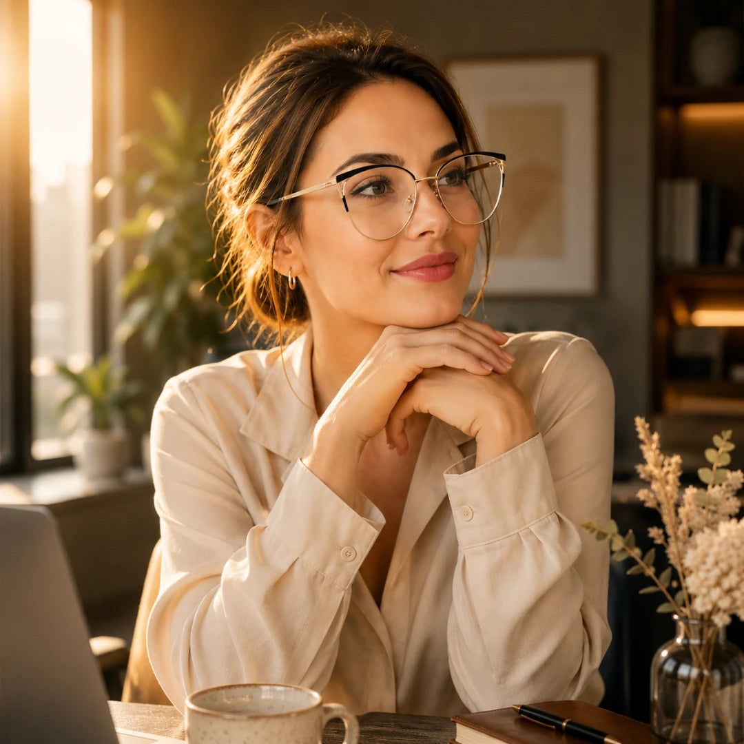 Josh & Tate - MuseCat™ Minimalist Cat-Eye Glasses - A woman with brown hair and glasses, wearing a cream-colored button-up shirt, sitting at a desk in a warm, sunlit office environment.