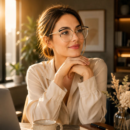 Josh & Tate - MuseCat™ Minimalist Cat-Eye Glasses - A woman with brown hair and glasses, wearing a cream-colored button-up shirt, sitting at a desk in a warm, sunlit office environment.