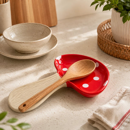 Josh & Tate - MushPerch™ Kitchen Spoon Holder - A ceramic spoon rest with a red strawberry motif and white polka dots, holding a wooden spoon, styled on a light beige countertop with a matching ceramic bowl in the background.