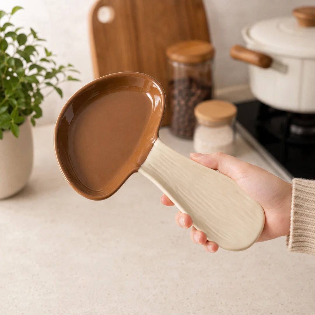 Josh & Tate - MushPerch™ Kitchen Spoon Holder - A hand holding a ceramic ladle with a brown bowl and a cream-colored handle, set against a blurred kitchen background.