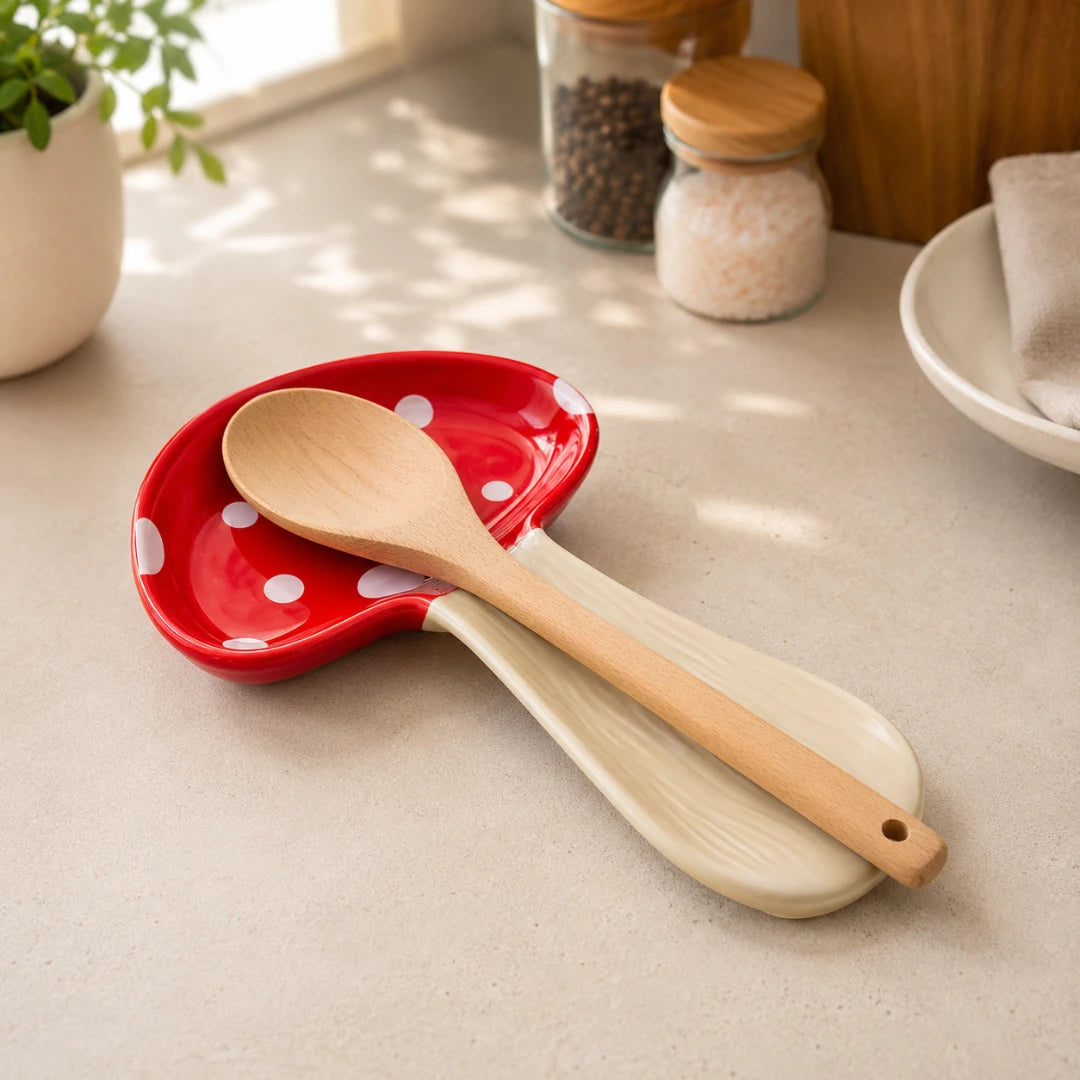 Josh & Tate - MushPerch™ Kitchen Spoon Holder - A red mushroom-shaped ceramic spoon rest with white polka dots and a natural wood spoon, styled on a light beige countertop with kitchen jars and a plant in the background.