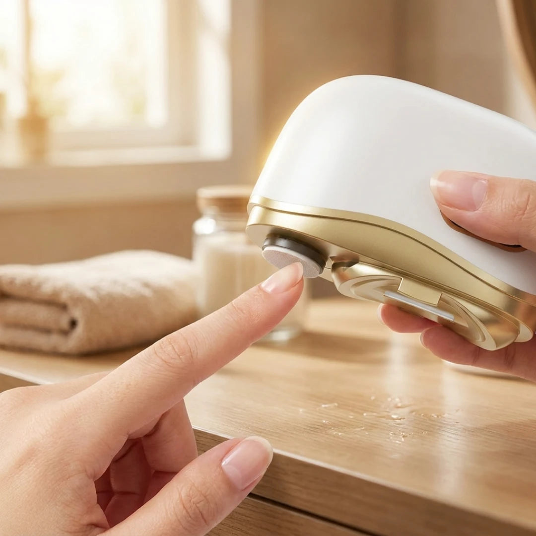 Josh & Tate - NailPod™ Automatic Nail Care System - Hand holding a white and gold electronic device on a wooden surface with a blurred background