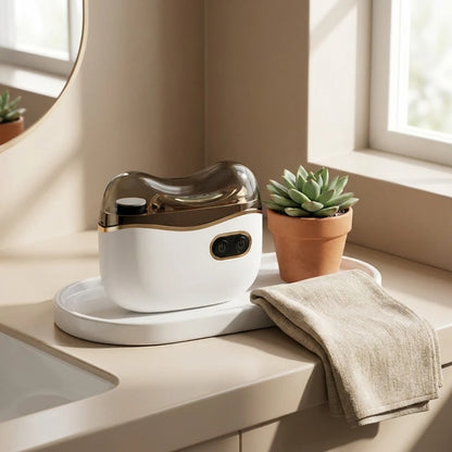 Josh & Tate - NailPod™ Automatic Nail Care System - White and gold foot bath on a bathroom counter with a plant and towel