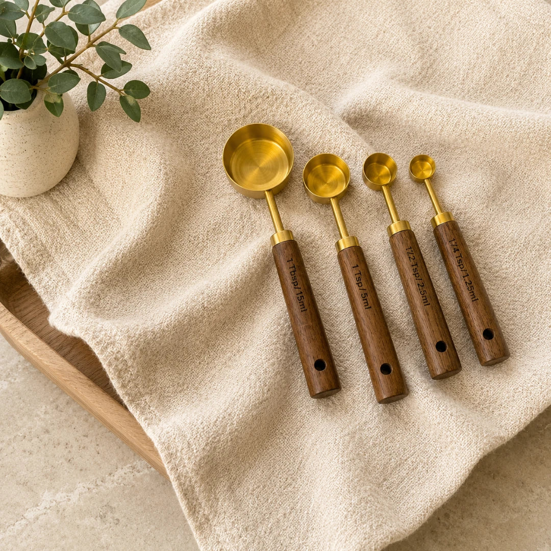 Josh & Tate - Natural Wood Measuring Cup Spoon Set - Set of four gold measuring spoons with wooden handles on a beige cloth, next to a small plant.